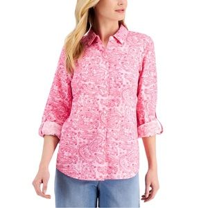 Charter Club Linen Luxury‎ Pink Alligator Print Button Front Shirt M